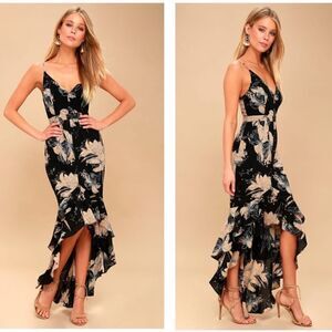 Lulus Darling Daylily High Low Maxi Black Dress Floral Print Size XXS